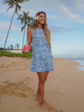 Ripskirt Hawaii Ocean Print Travel Dress SZ Large Blue White Beach Resort